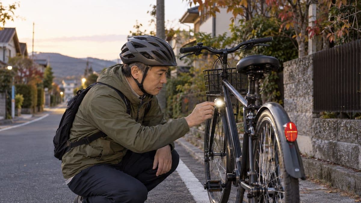 秋の薄暮に前照灯と反射材を点検する自転車利用者