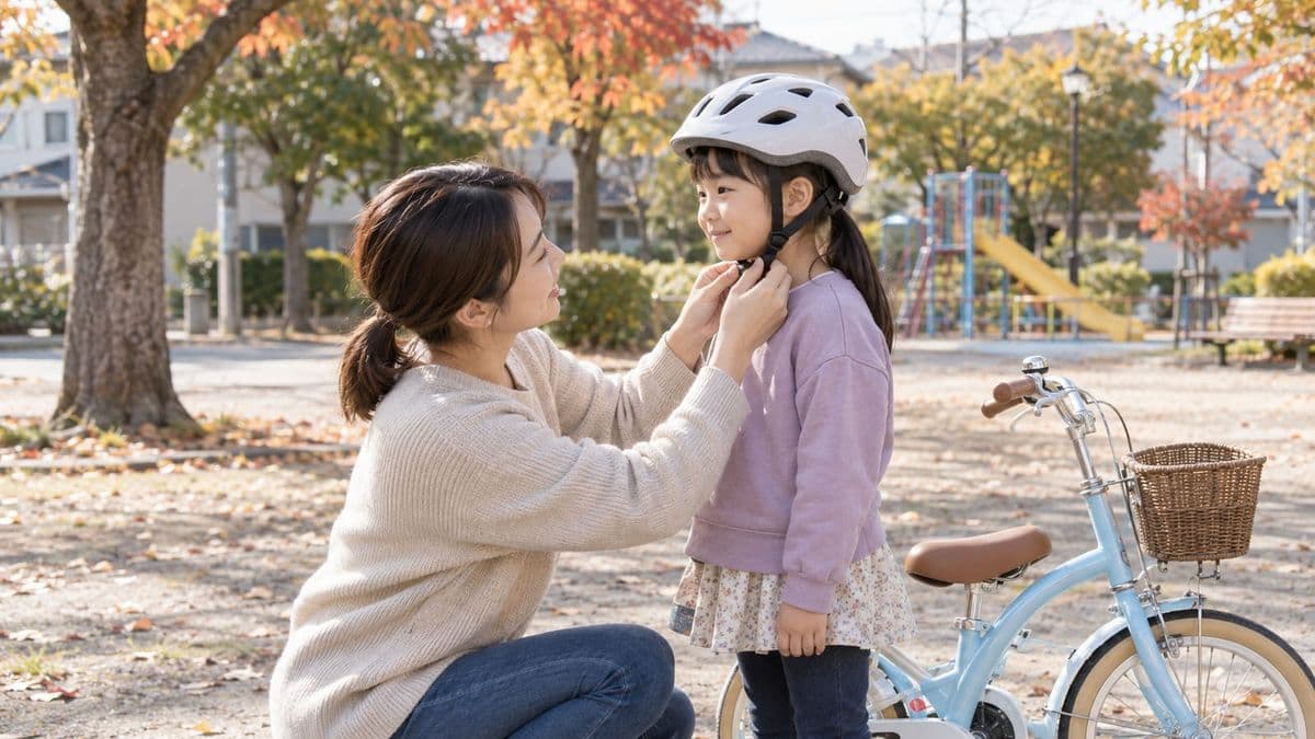 家族の自転車ヘルメットの角度とあごひもを確認する母親