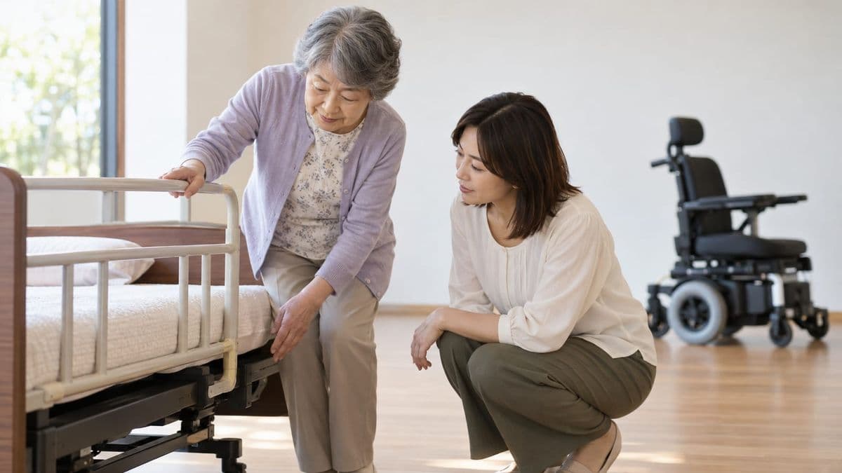 介護ベッドの隙間と電動車いすの安全を家族で確認する様子