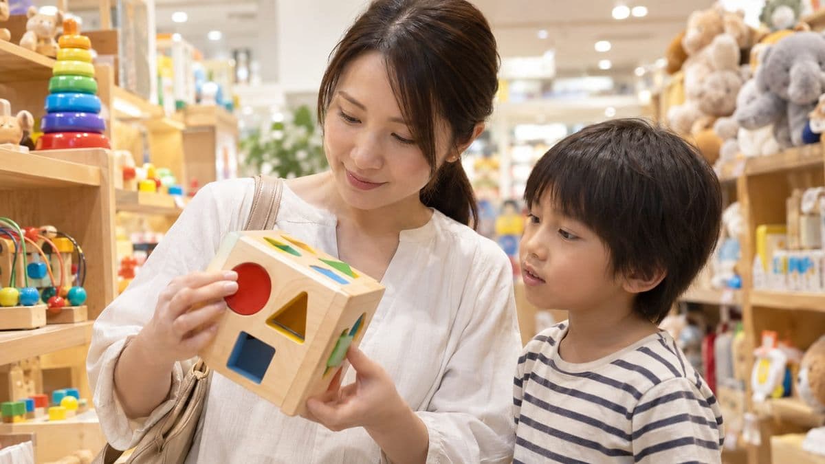 乳幼児向けおもちゃの対象年齢と安全表示を確認する母親