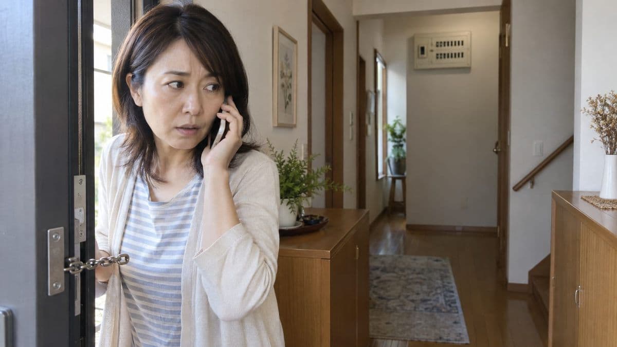 分電盤点検の訪問者へ入室せず公式窓口へ確認する女性