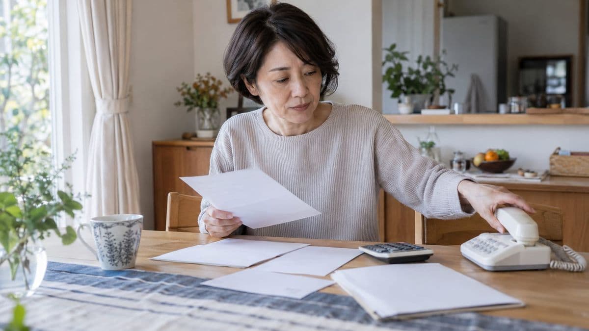 電気ガスの勧誘電話を切り検針票と契約書を確認する女性