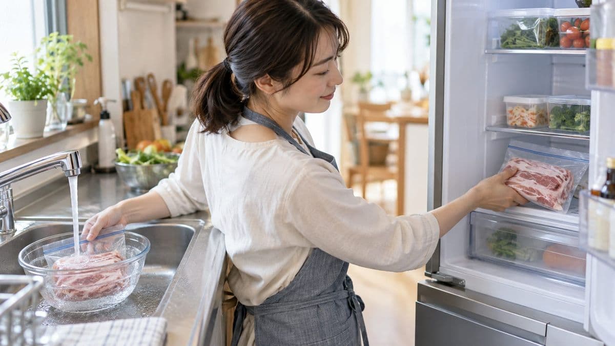 冷蔵庫と冷たい流水で冷凍肉を解凍する方法を選ぶ人