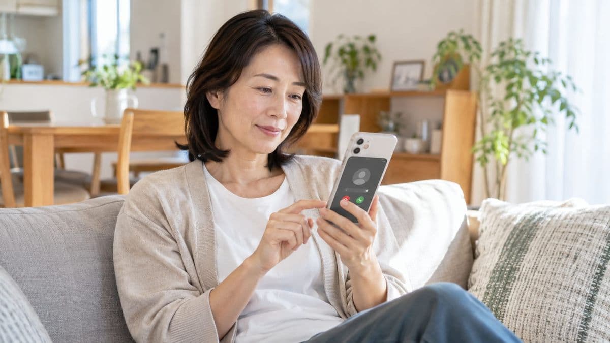 iPhoneの知らない番号の着信画面を見ながら設定を確認する女性