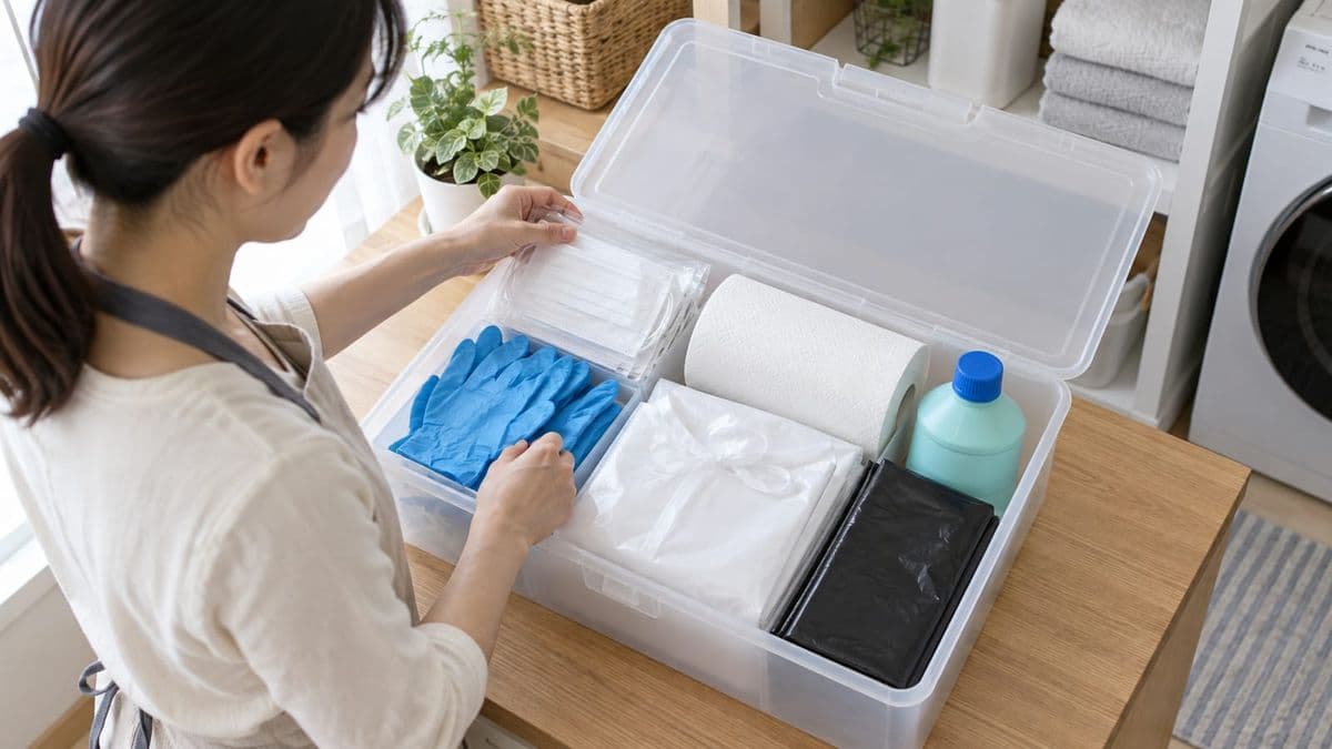 手袋や二重袋など嘔吐処理用品を一箱へまとめる人