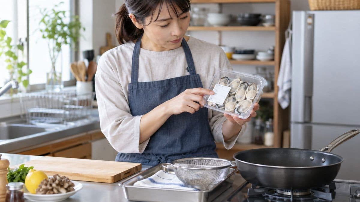 牡蠣のパック表示を確認して加熱準備をする人