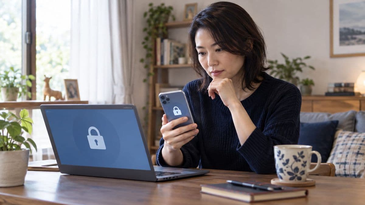 パスワード安全確認の警告を分類して直す女性