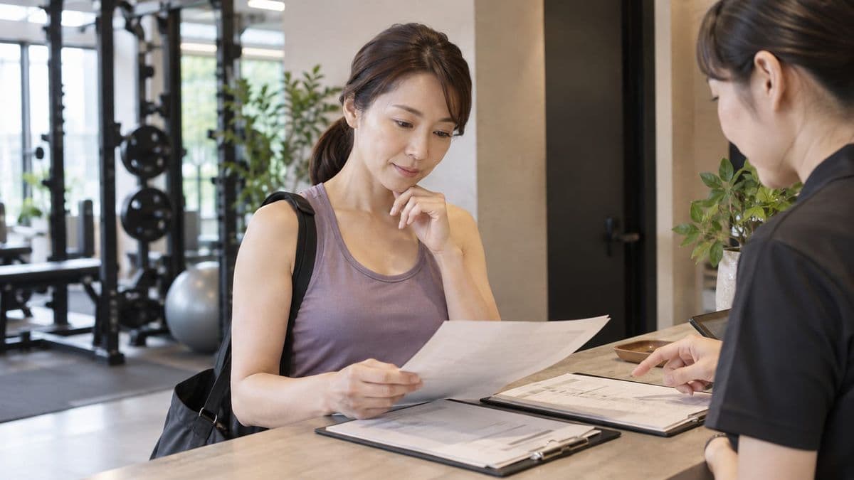 トレーニング体験後に契約書と料金表を持ち帰って確認する女性