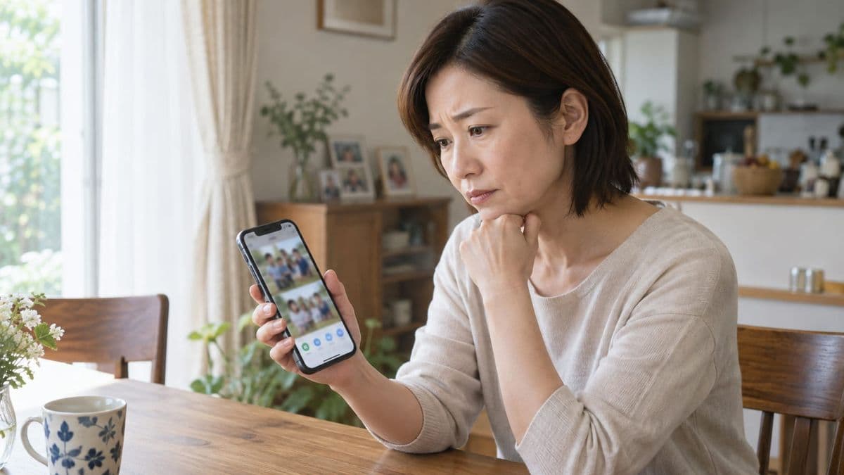 子どもの写真を共有する前に位置情報を外す設定を確認する女性