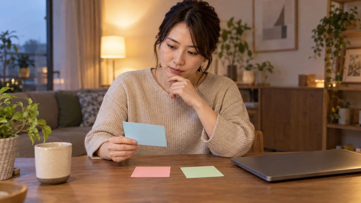 Web会議の高額講座勧誘を終了し広告と契約画面を記録する女性