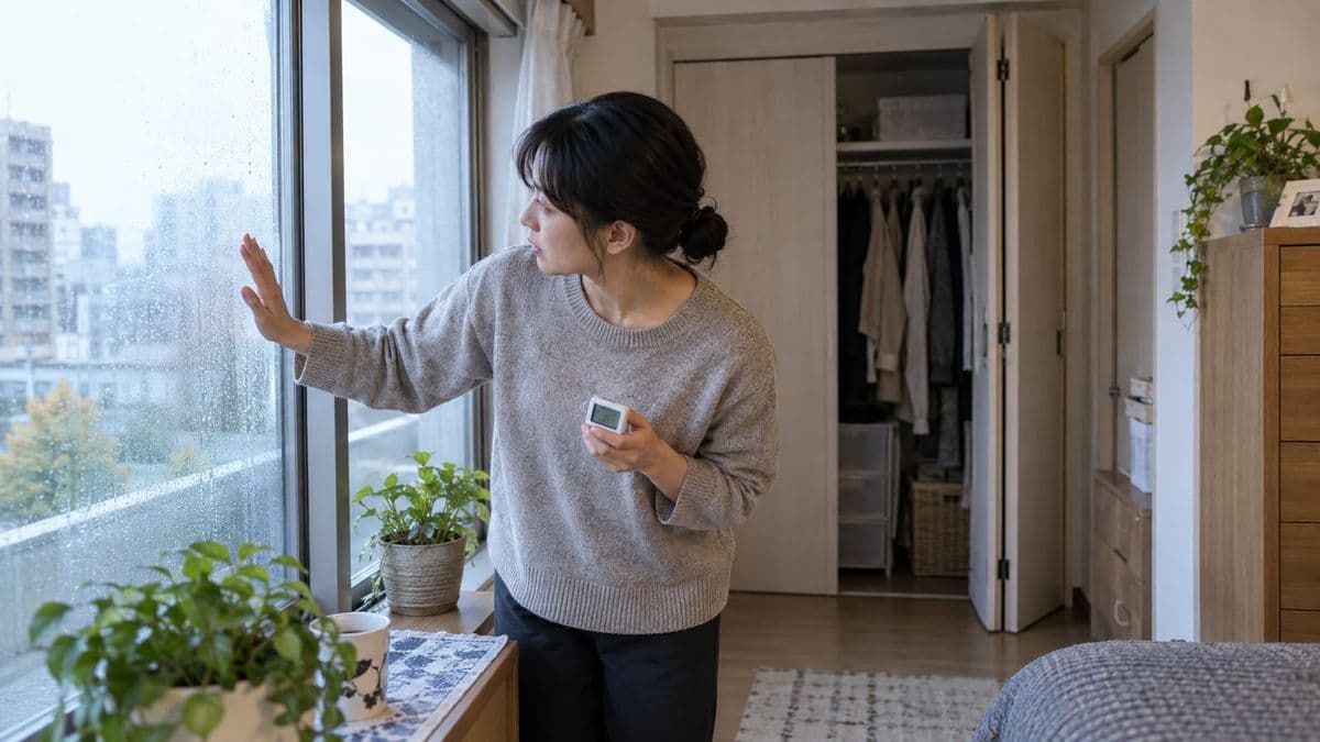 窓の結露とクローゼット周辺の湿気を同時に確認する人