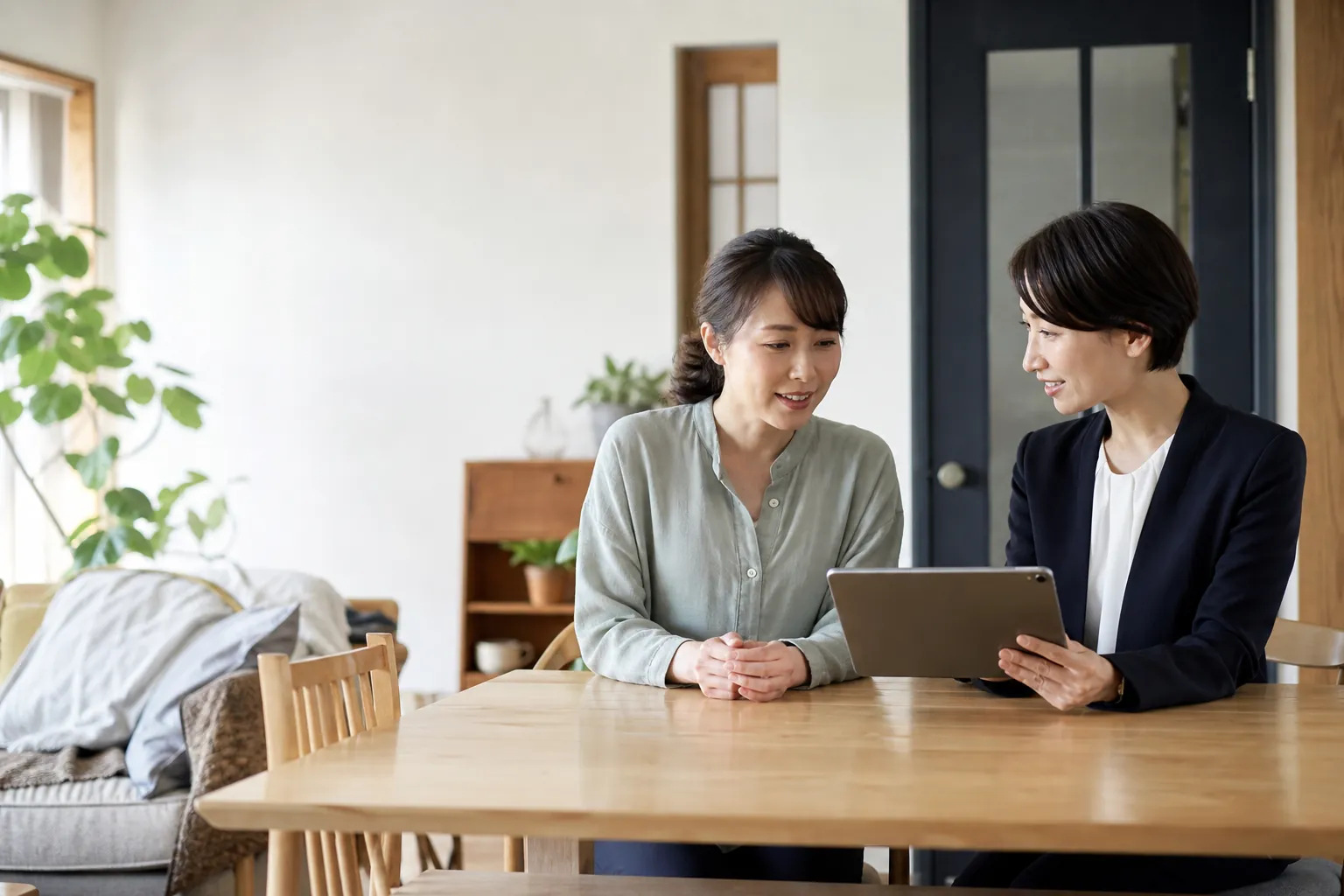 自宅でサービスの説明を受ける女性
