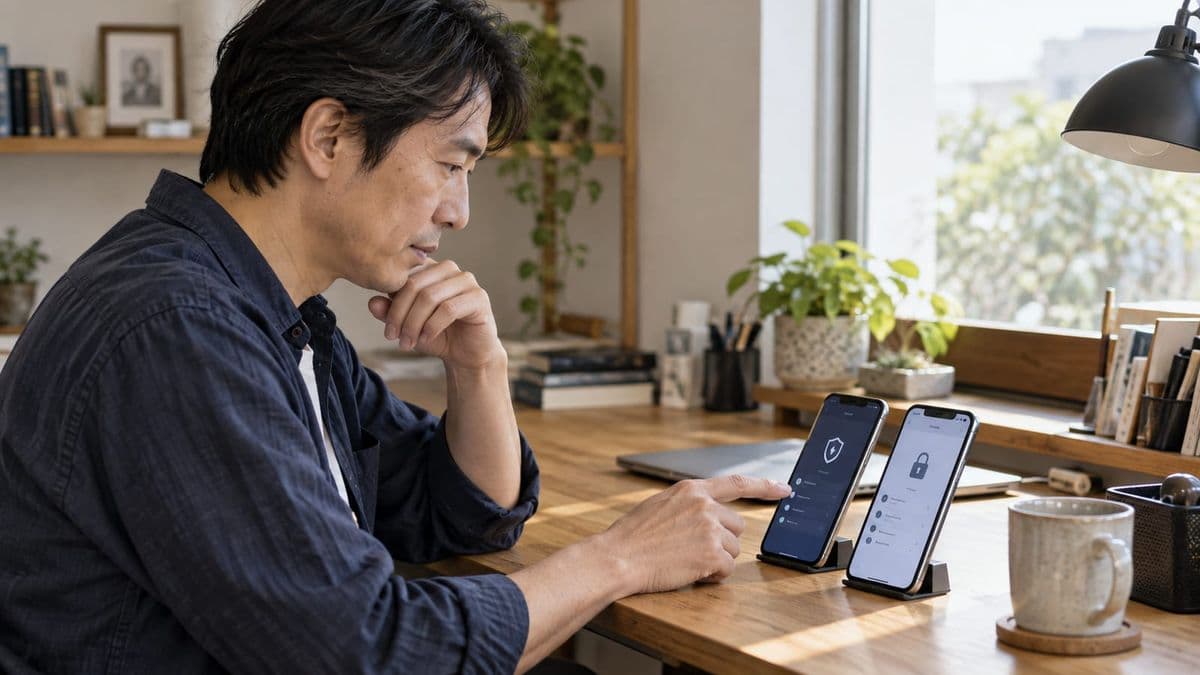 Androidスマートフォンの盗難保護設定を自宅で確認する男性