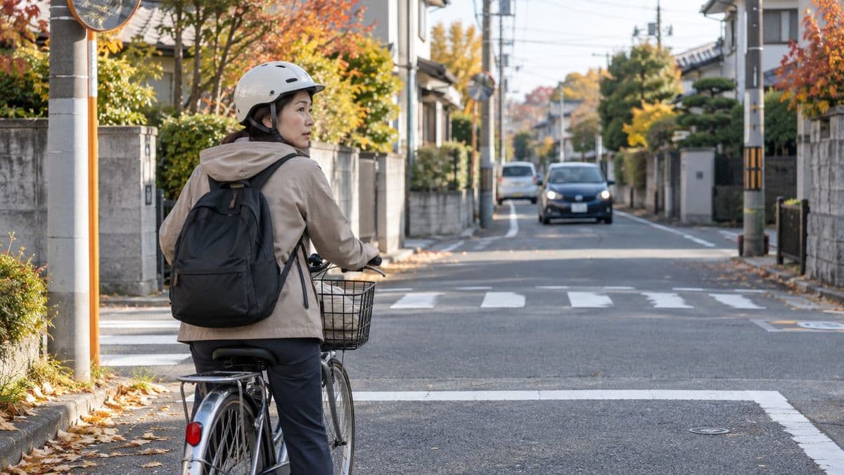 秋の住宅街で左側通行と一時停止を確認する自転車利用者