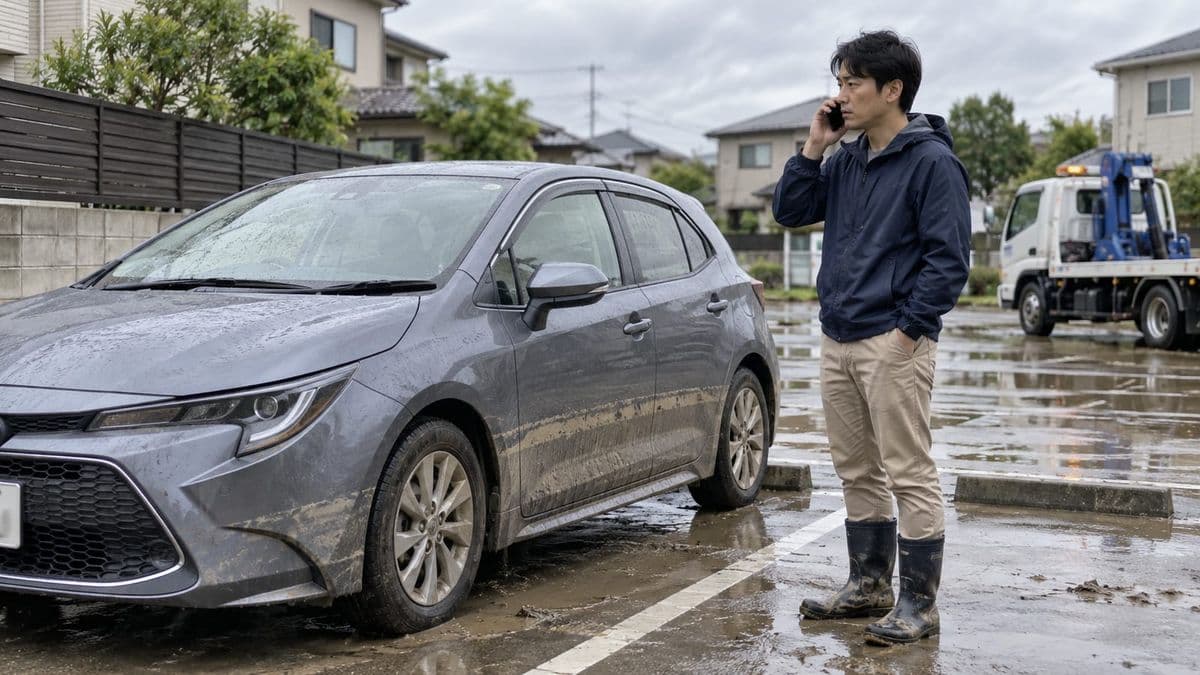 冠水跡のある車を再始動せずロードサービスへ連絡する運転者