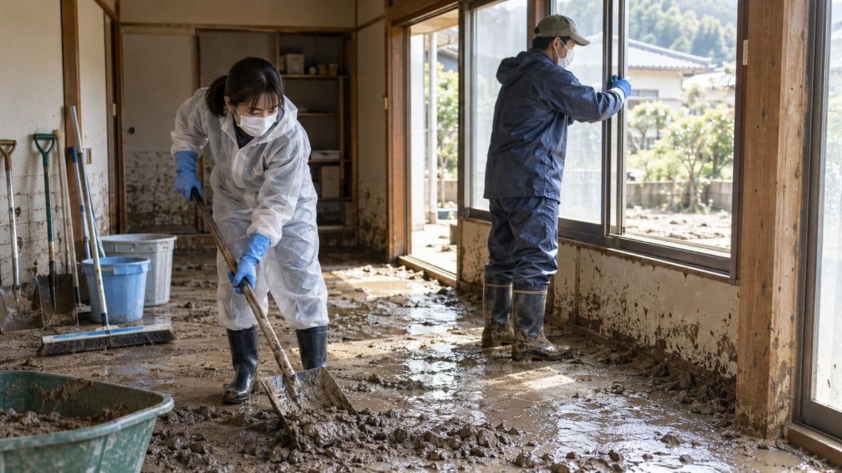 浸水家屋で防護具を着け泥を先に除く人たち