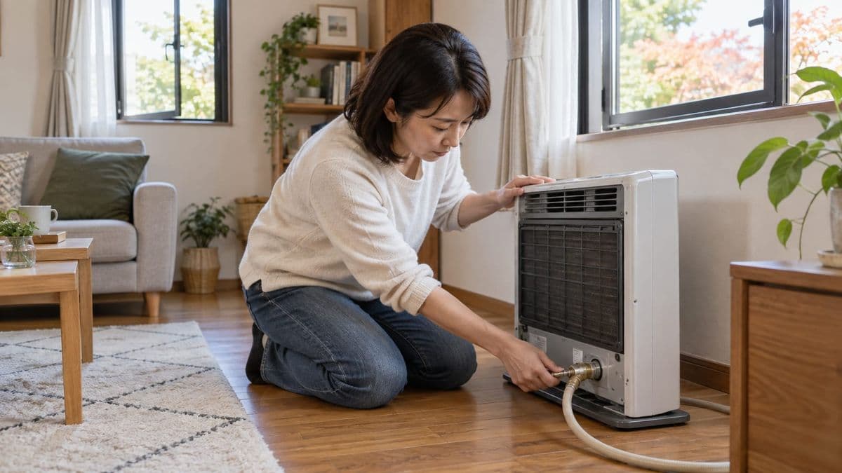 ガスファンヒーターのコード接続と換気を確認する人