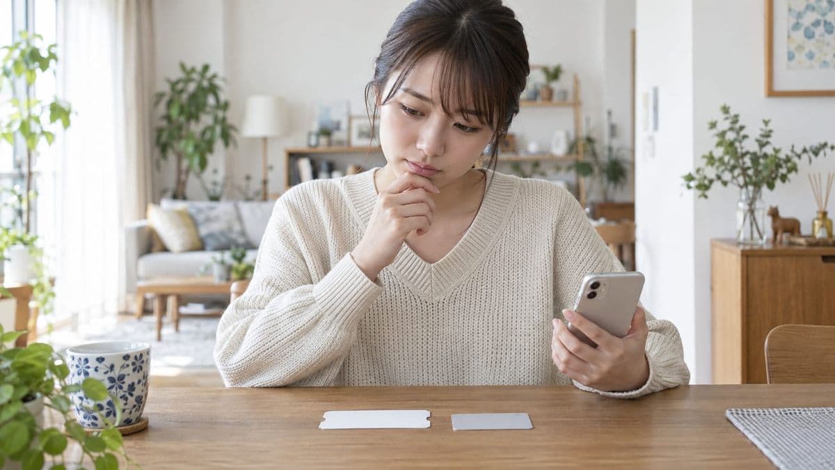 SNSのチケット譲渡DMと公式販売ページを見比べる女性